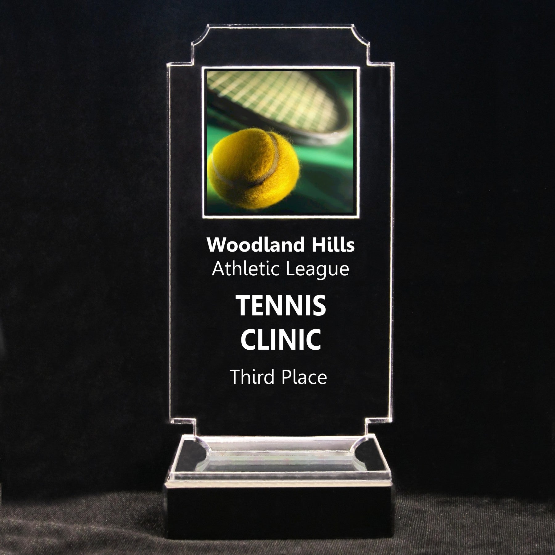 Retro Tennis Acrylic Full-Color Trophy - Tennis Ball and Racquet