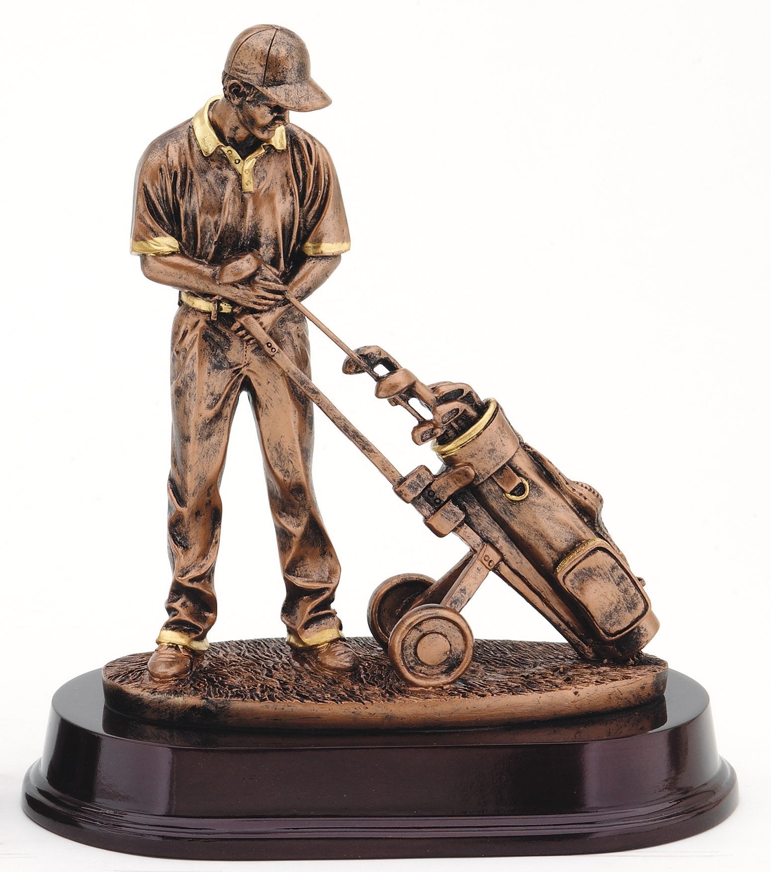 Golfer and Golf Bag Bronze Resin Trophy Award - 9"