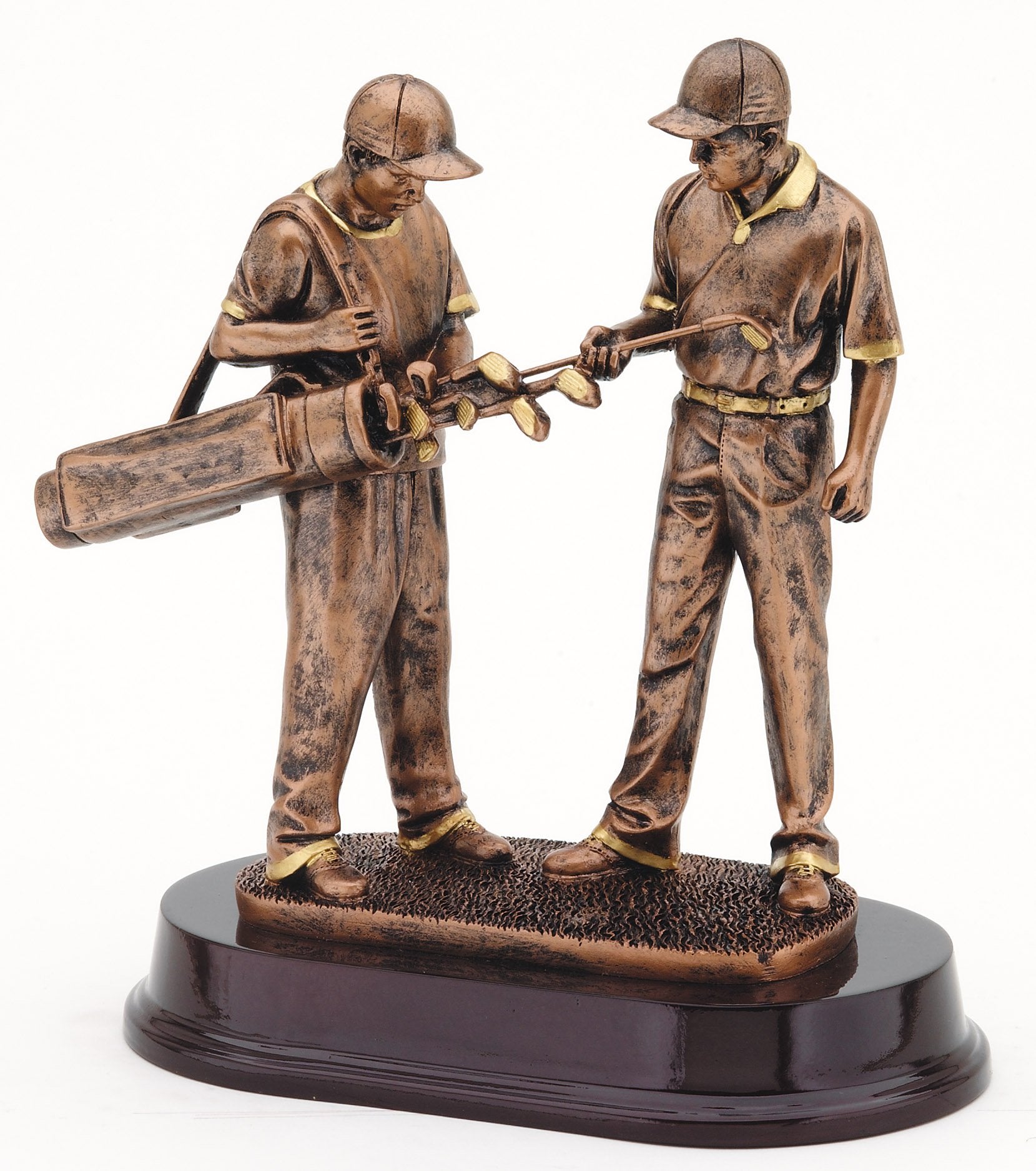 Golfer and Caddy Bronze Resin Trophy Award - 9.5"