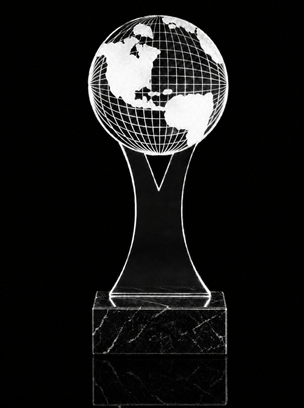 Acrylic Y Globe Trophy Award on plain black marble base