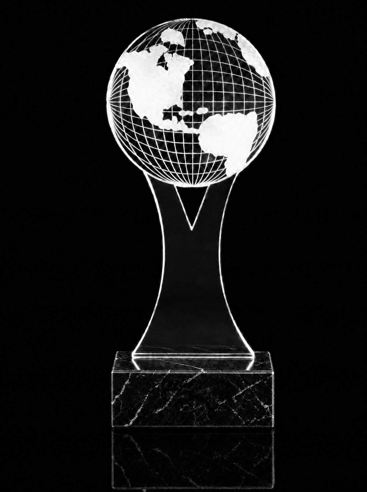 Acrylic Y Globe Trophy Award on plain black marble base