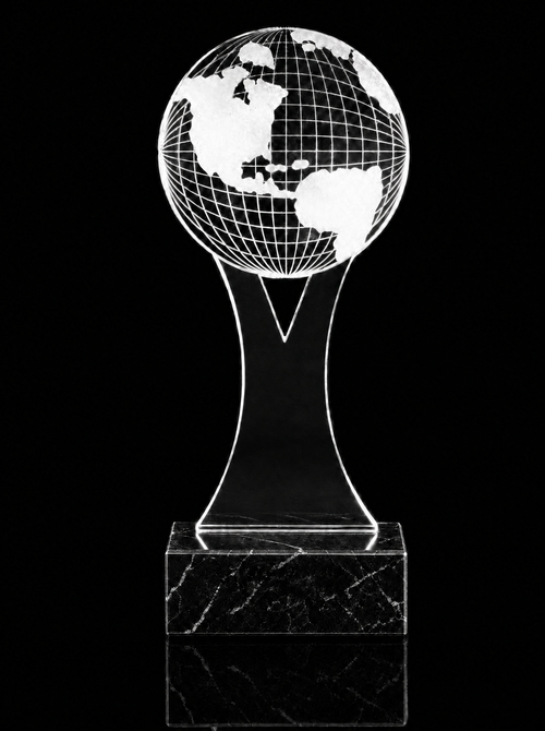 Acrylic Y Globe Trophy Award on plain black marble base