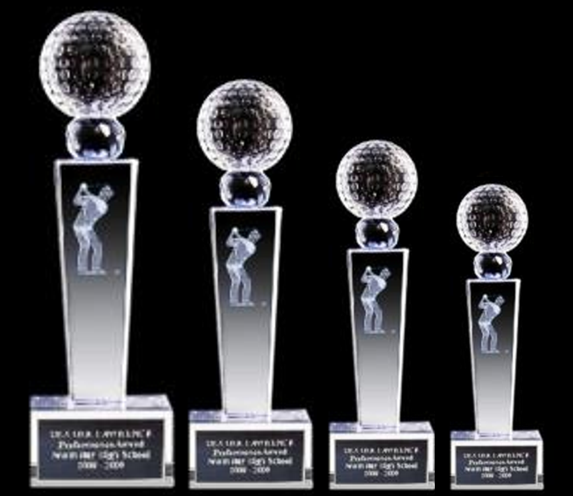 Tower Crystal Trophy with Golf Ball and Male Hologram Figure (FOUR SIZES)