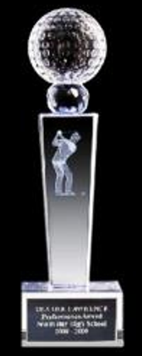 Tower Crystal Trophy with Golf Ball and Male Hologram Figure