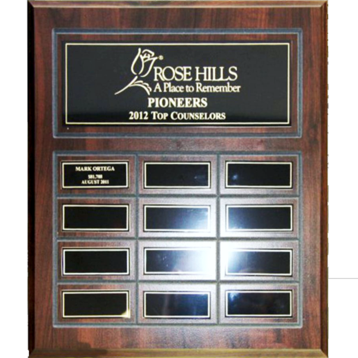 Walnut Finish Perpetual Plaque - 12 Metal Plates